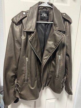ZARA Metallic Olive Green Faux Leather Moto Jacket